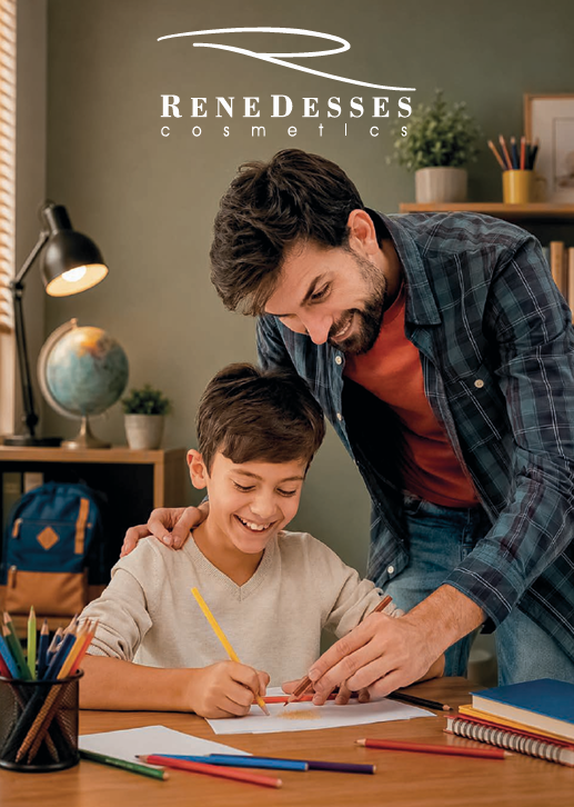 Portada del catálogo René Dessés: padre e hijo compartiendo un momento de aprendizaje